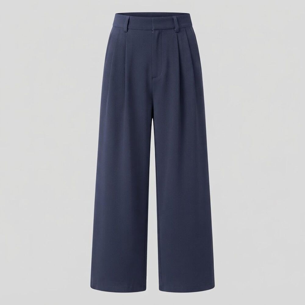 Halara Navy Blue High-Waisted Pleated Wide Leg Ankle Length Trousers WorkPants L